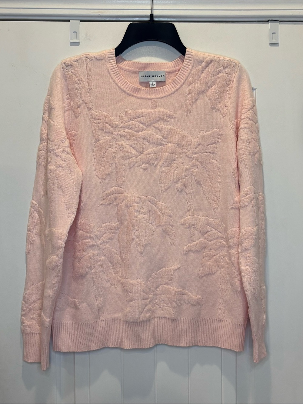 Susan Graver Sweater Crew Neck Long Sleeve Textured Palm Trees Light Pink Small